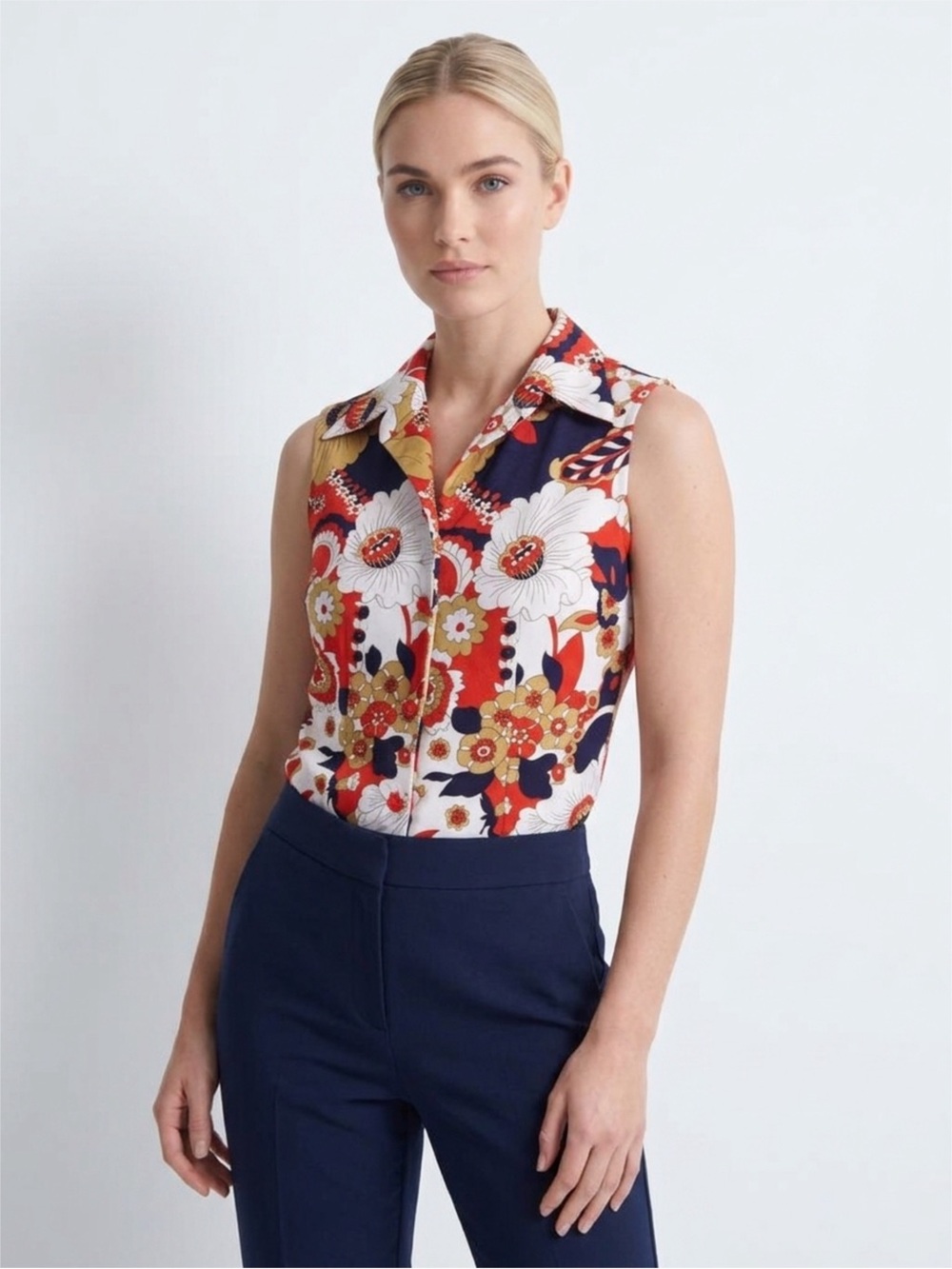 Sleeveless Floral Button-Front Top in Red, White & Gold
